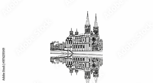 Detailed sketch of a grand cathedral with spires reflected in water