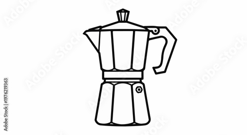 Black and white outline of a classic stovetop coffee maker on a white background