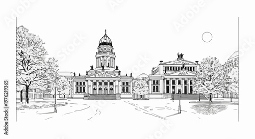 Detailed sketch of a grand domed building with surrounding trees and walkways