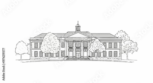 Detailed sketch of a grand neoclassical building with trees in front