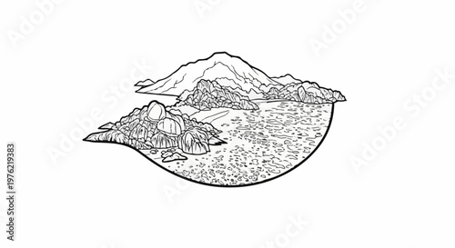 Black and white illustration of a mountainous coastline with a wavy, rocky shoreline