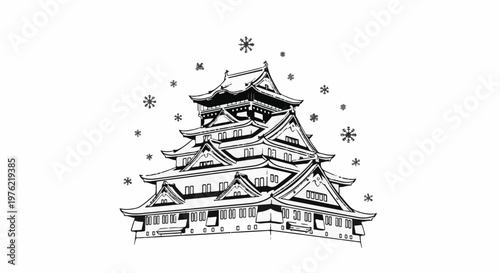 Black and white illustration of a multi-tiered, traditional Japanese castle during a snowfall
