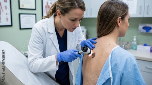 Dermatologist examining skin mole with dermatoscope, medical checkup for melanoma and early diagnosis in clinical setting