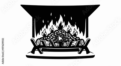 Black and white illustration of a roaring fireplace with logs and flames