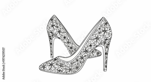 Delicate floral patterned stiletto heels in a monochrome illustration
