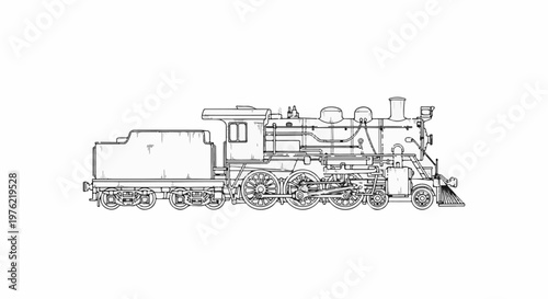 Detailed sketch of a vintage steam locomotive in black and white
