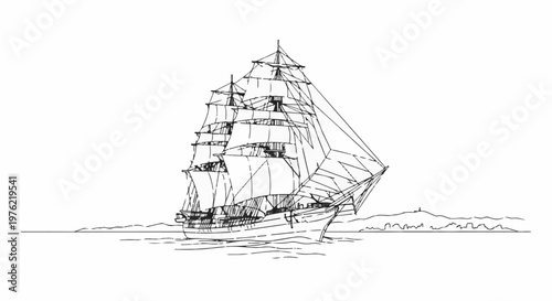 Detailed sketch of a tall ship with full sails on a wavy sea, distant land