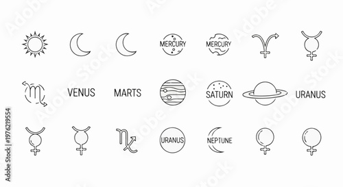 Celestial bodies and astrological symbols, including planets and zodiac signs