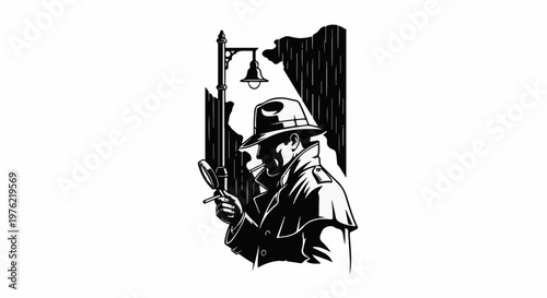 Detective with magnifying glass under street lamp in rain