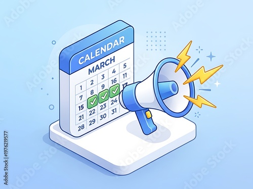 Cartoon calendar with megaphone on white base march month marked dates  announcement concept