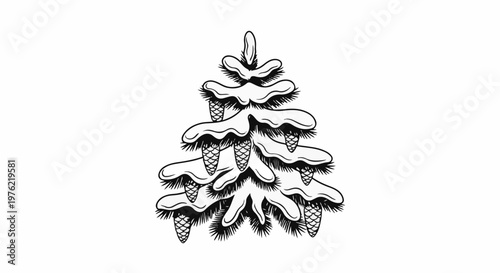 Black and white illustration of a snow-covered evergreen tree with pine cones