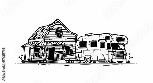 Dilapidated house and recreational vehicle on desolate terrain