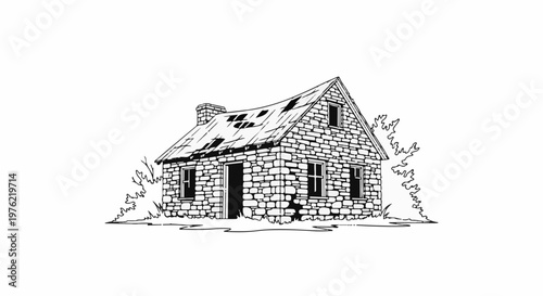 Dilapidated stone cottage with a damaged roof, surrounded by sparse foliage