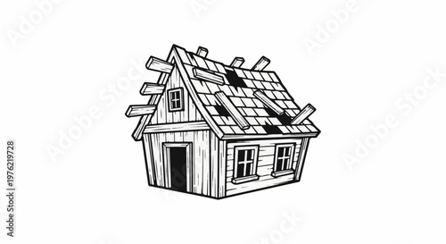 Dilapidated wooden structure with missing roof tiles and exposed beams