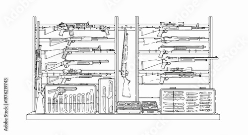 Display of various firearms, rifles, and knives in racks