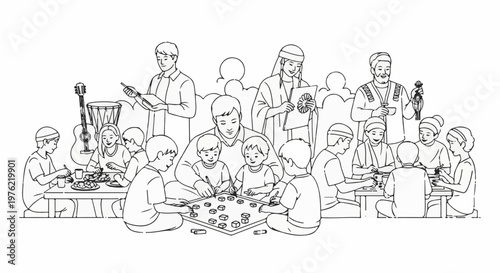 Diverse people gathered for games, meals, and music with educators