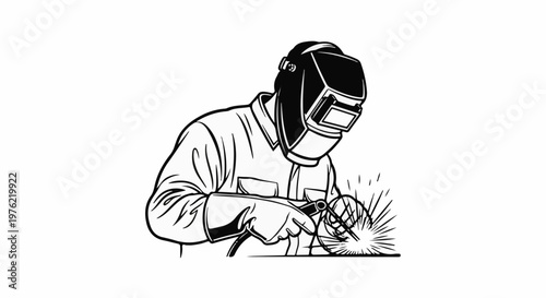 Black and white illustration of a welder in protective gear working on a project