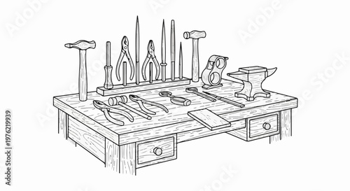 Black and white illustration of a workbench filled with tools