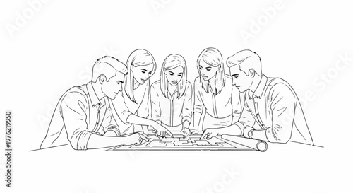 Diverse team collaborates on a blueprint plan at a meeting table