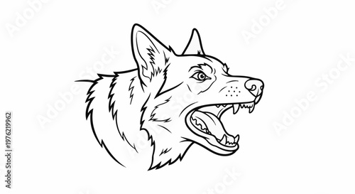 Black and white illustration of an angry dog's head with open mouth and fangs