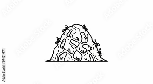 Black and white illustration of an ant colony hill with ants crawling on it