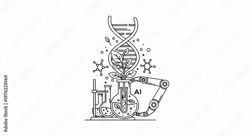 Fototapeta premium DNA helix, plant in flask, robotic arm, and molecular structures