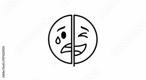 Divided circle depicts contrasting emotions, one crying, the other winking