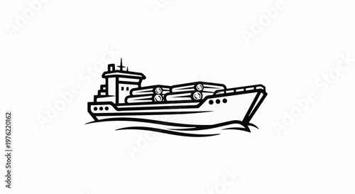 Black and white line art illustration of a cargo ship carrying logs