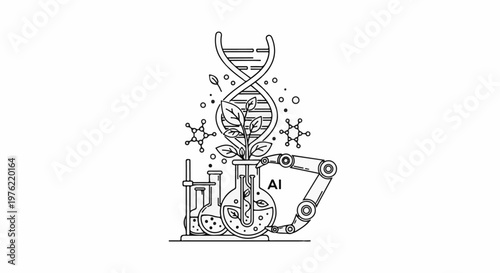 DNA helix, plant in flask, robotic arm, and molecular structures