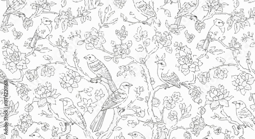 Delicate sketch of birds perched on blossoming branches