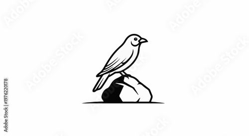Black and white line art of a bird perched on a rock
