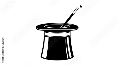 Classic magic top hat and wand vector, elegant illusion symbol, clean isolated illustration