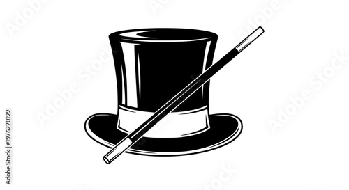 Classic magic top hat and wand vector, elegant illusion symbol, clean isolated illustration
