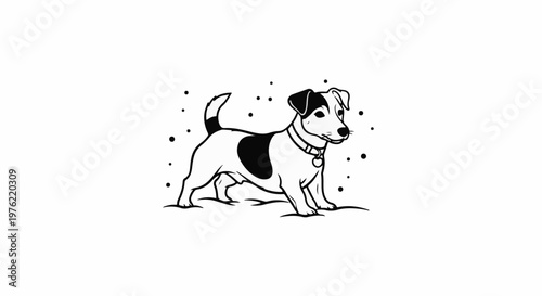 Black and white line art of a small dog with spots, wearing a collar with a tag