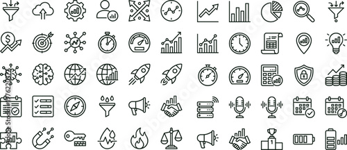 Minimal outline analytics performance monitoring icon set collection for business statistics dashboard reporting web mobile interface editable stroke vector symbols