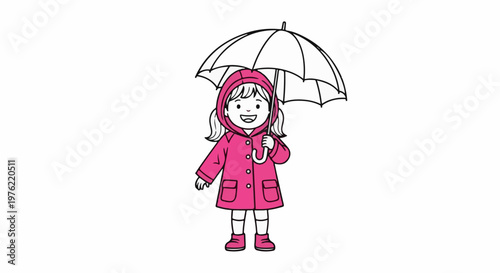 Cheerful child with umbrella and pink raincoat