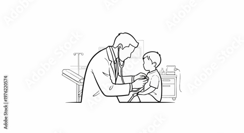 Doctor examining a child with a stethoscope in a medical office