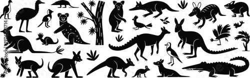 Australian wildlife icons, black silhouette animals, vector set, kangaroo, koala, emu
