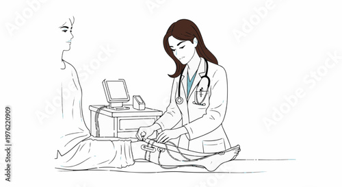 Doctor performs medical examination on a patient with monitoring equipment