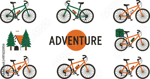 Adventure Cycling Icon Set Featuring Mountain Bikes, Camping Gear, and Outdoor Exploration Themes for Hiking and Cycling Adventures