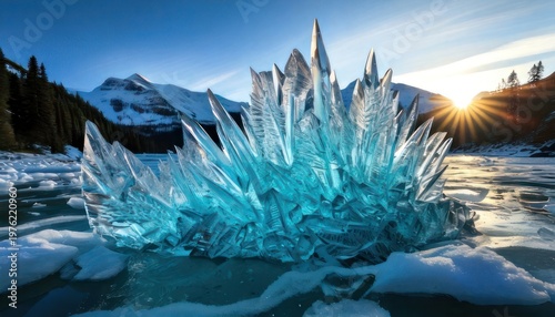 Majestic ice formation in a frozen lake at sunrise.