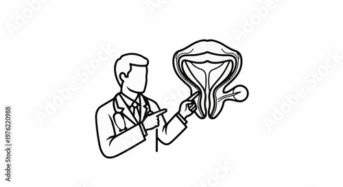 Doctor points to diagram of human anatomy in white outline