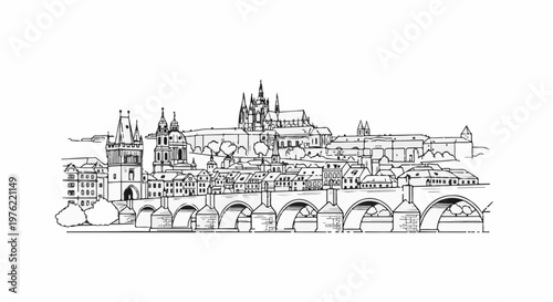 Black and white sketch of a historic European city skyline with a bridge