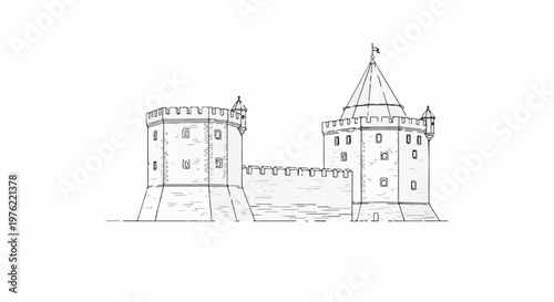 Black and white sketch of a large stone castle with two main towers and a connecting wall