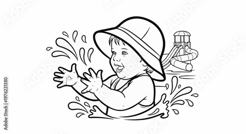 Cheerful toddler in a sun hat splashes joyfully in water near a waterslide
