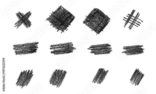 crayon, pencil, and charcoal drawing textures creating a set of varied scribble and brush stroke shapes, ideal for abstract overlays, graphic elements, and artistic designs
