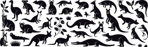 Black kangaroo, marsupial, animal icons, silhouette set, 40 vector graphics
