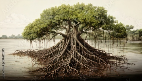 Majestic mangrove tree with intricate root system in tranquil water.