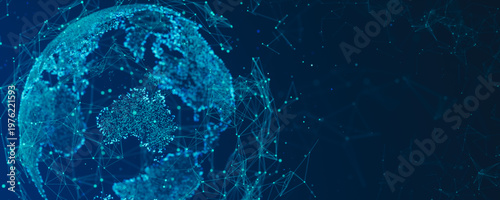 Digital globe visualization highlighting Australia and Oceania with glowing data points and network lines, representing global connectivity, communication systems. 3D rendering.