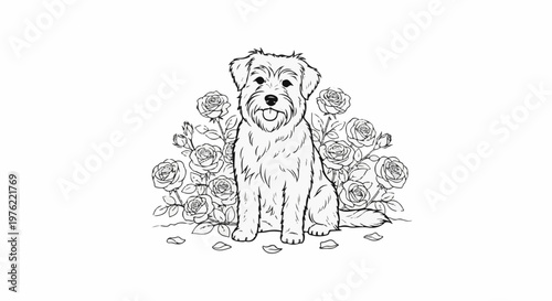 Black and white sketch of a shaggy dog sitting amidst blooming roses